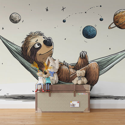 Kids-Mundo sloth in a space hammock wall mural covering a feature wall in a kids' bedroom