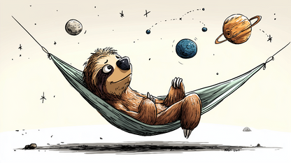 Kids-Mundo flat artwork of a sketch-style sloth napping in a hammock among planets and stars