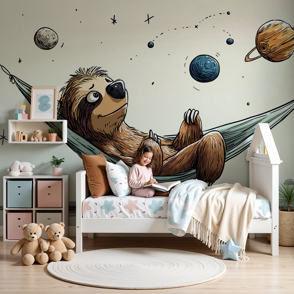 Kids-Mundo sleepy sloth space hammock wall mural styled behind a cot in a calm cream nursery