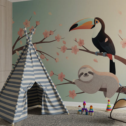 Kids-Mundo sloth and toucan blossom wall mural bringing soft colour to a kids bedroom.