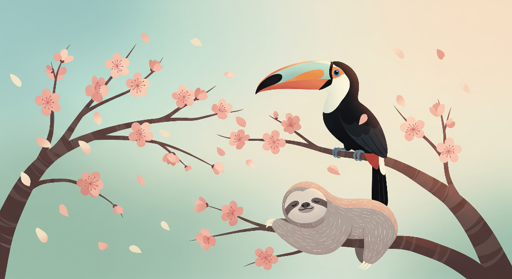 Sloth and Toucan Cherry Blossom Wall Mural