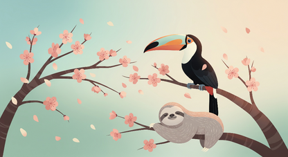 Kids-Mundo flat-artwork design of a sloth and toucan resting together on a cherry blossom branch.