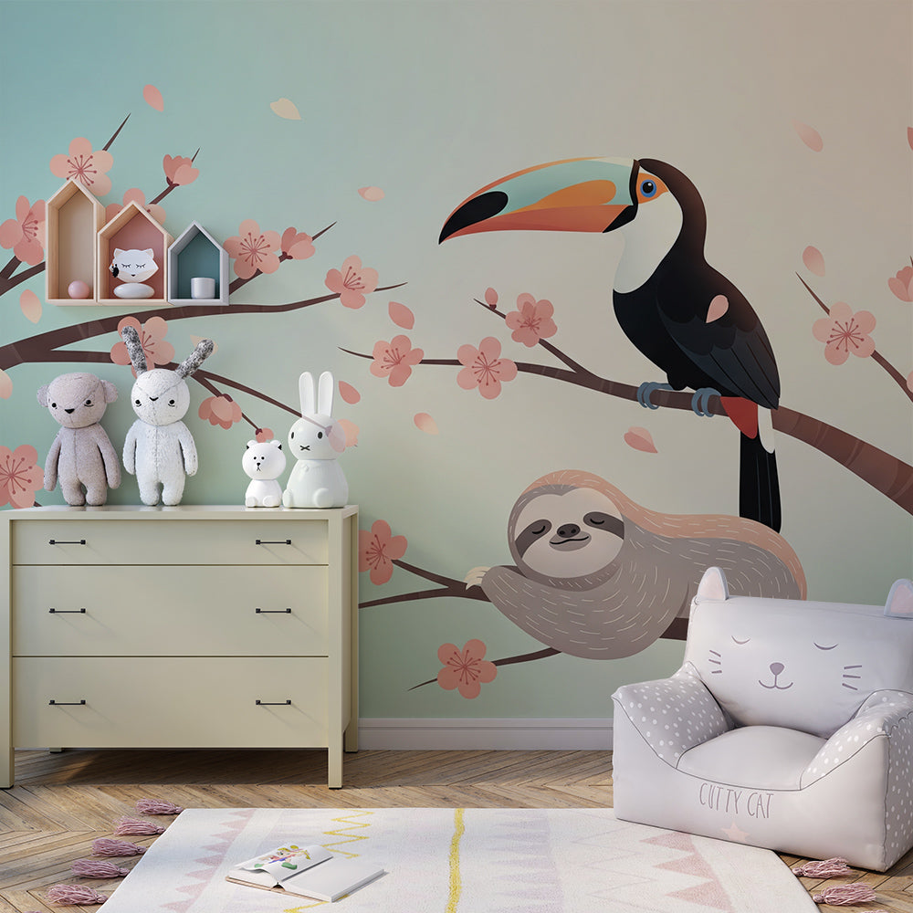 Kids-Mundo sloth and toucan mural creating a cosy focal point in a children's playroom wall.