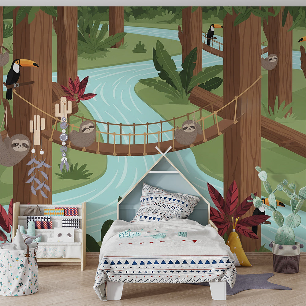 Kids-Mundo jungle wall mural with sloths and toucans behind a bed in a child's bedroom