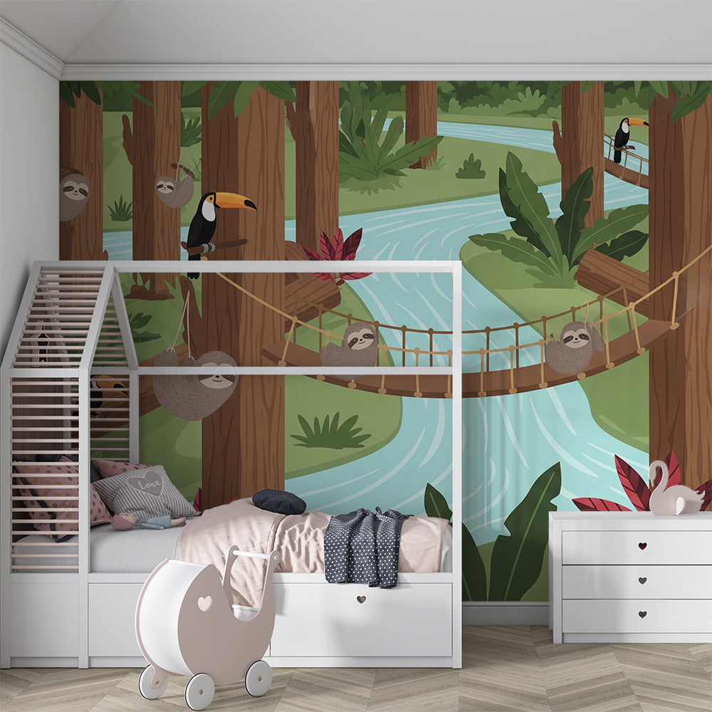 Kids-Mundo sloth and toucan jungle mural covering a playroom wall beside toy storage