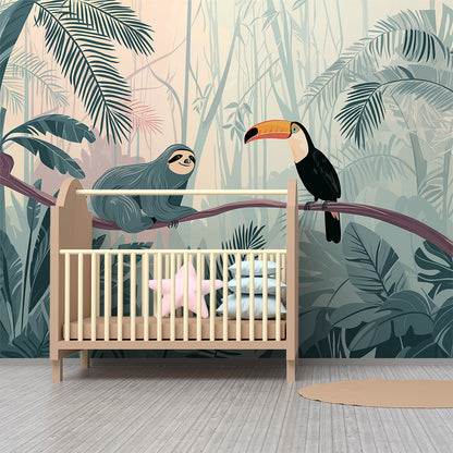 Kids-Mundo sloth and toucan mural in a playroom, calm teal foliage framing the two characters.