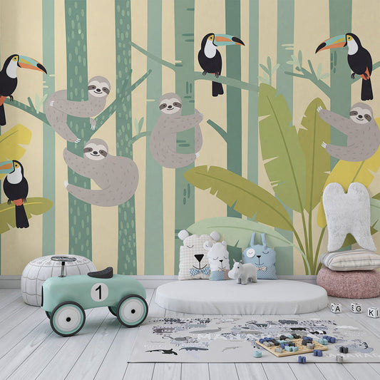Kids-Mundo sloths and toucans jungle wall mural in a kids bedroom with bunk bed and soft rug.