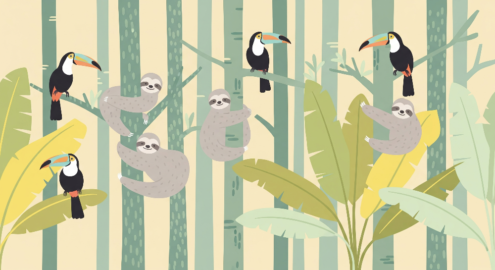 Kids-Mundo flat artwork of the sloths and toucans jungle wall mural design in pastel mint tones.