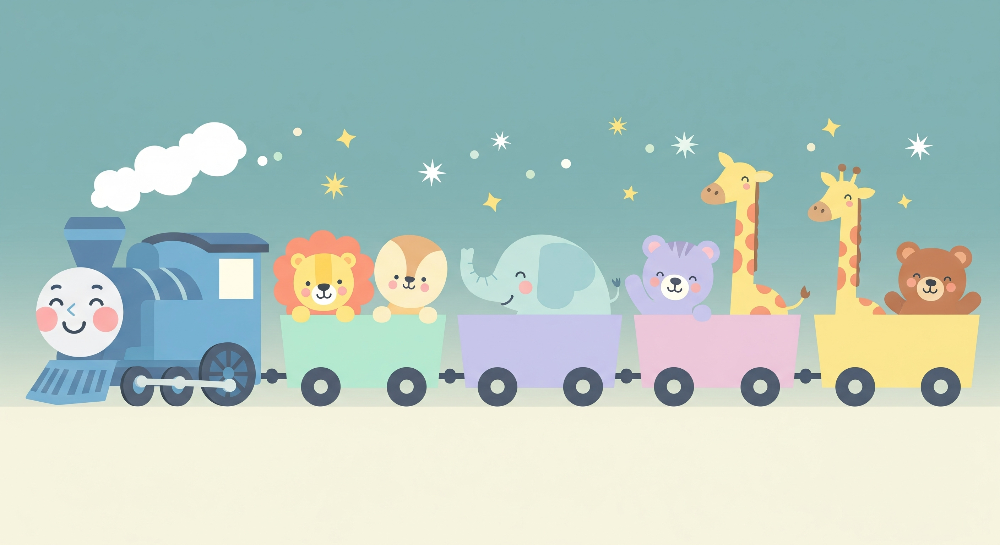 Cute Animal Train with Giraffes and Elephant Wall Mural