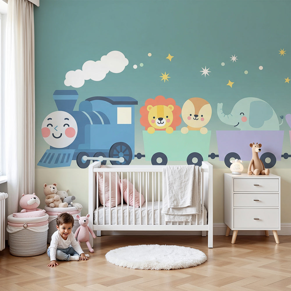 Kids-Mundo animal train wall mural featuring a lion and giraffes in a calm pastel nursery