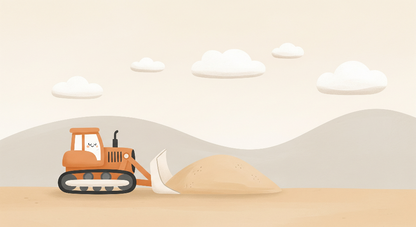 Kids-Mundo flat artwork preview of the smiling bulldozer wall mural featuring a soft sand pile scene.