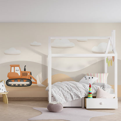 Kids-Mundo smiling digger wall mural, made to measure and pictured in a bright children's playroom.