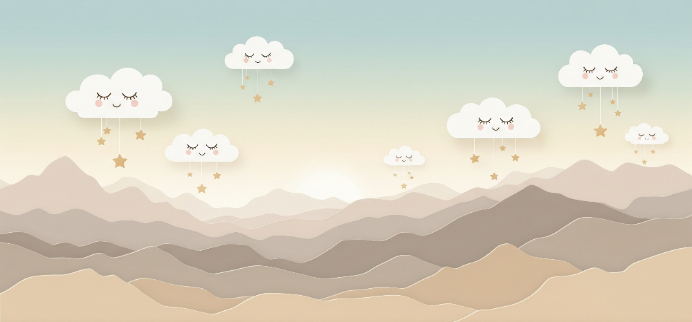 Flat artwork preview of the Kids-Mundo smiling clouds and mountains wall mural design