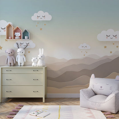 Smiling clouds wall mural from Kids-Mundo warming a soft beige playroom corner