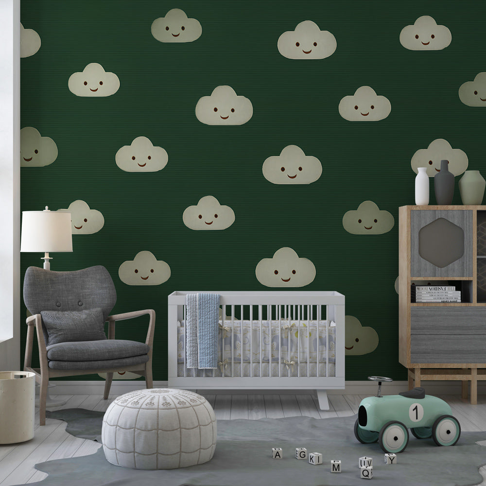 Green background clouds wallpaper in modern kids bedroom setting with natural decor