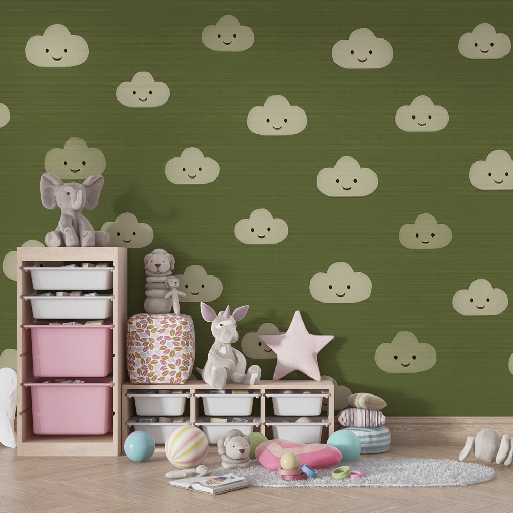 Green clouds wallpaper creating peaceful atmosphere in children's bedroom decor