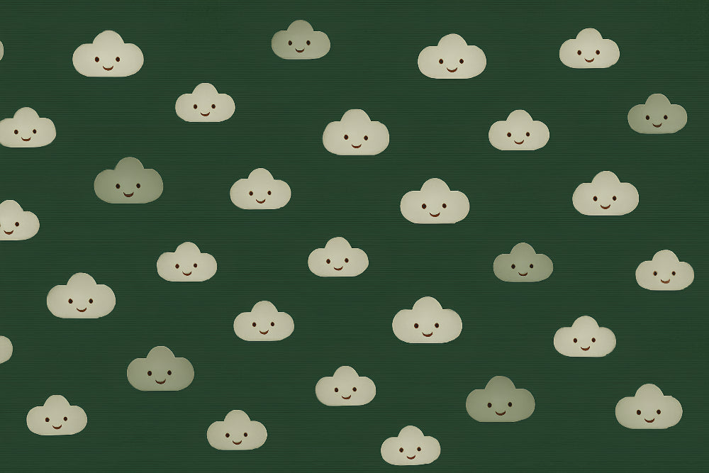 Detailed smiling clouds mural wallpaper design pattern on green background by Kids-Mundo