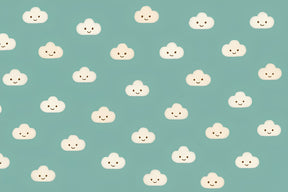 Detailed smiling clouds mural wallpaper design pattern on turquoise background by Kids-Mundo