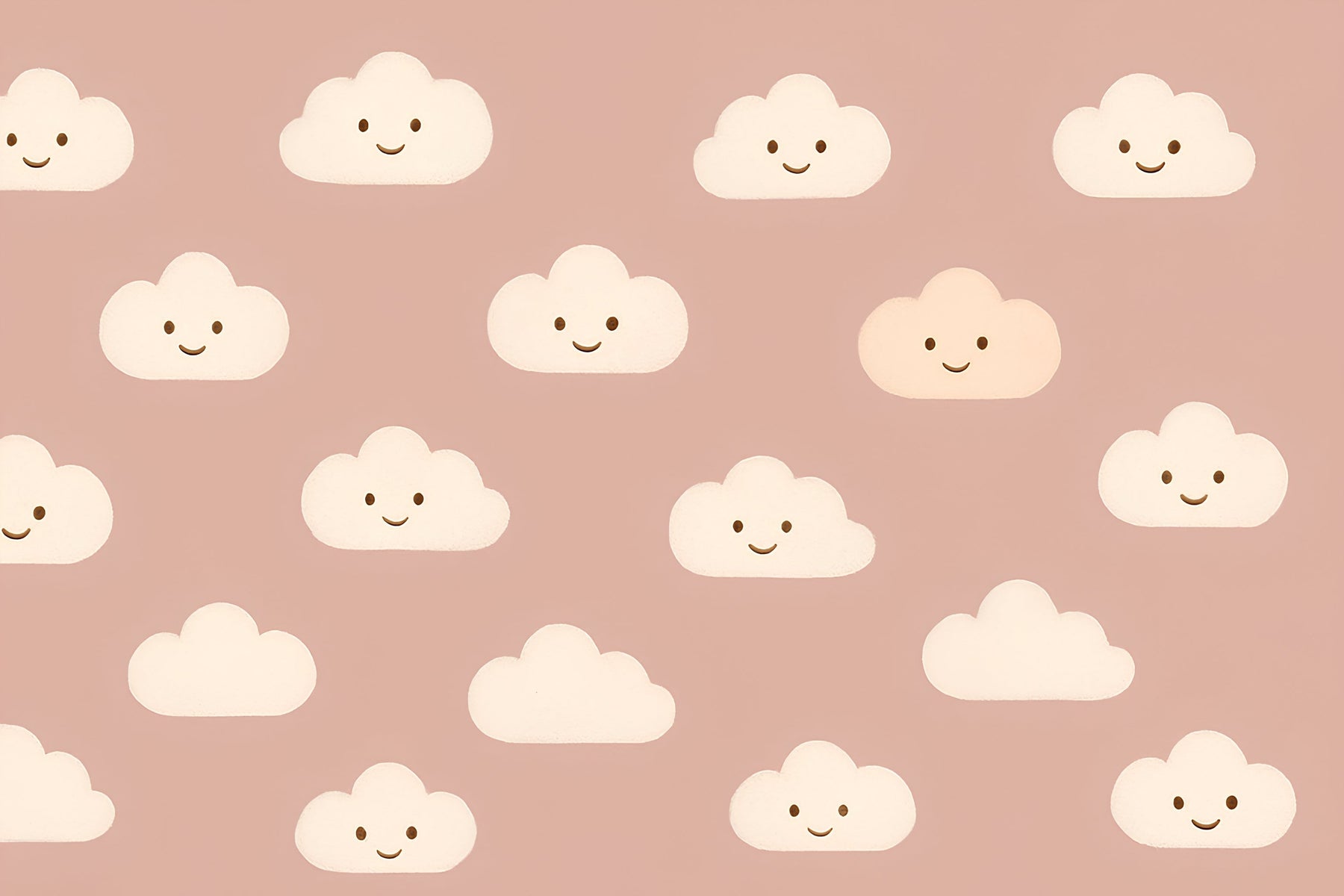 Detailed smiling clouds mural wallpaper design pattern on soft pink background by Kids-Mundo