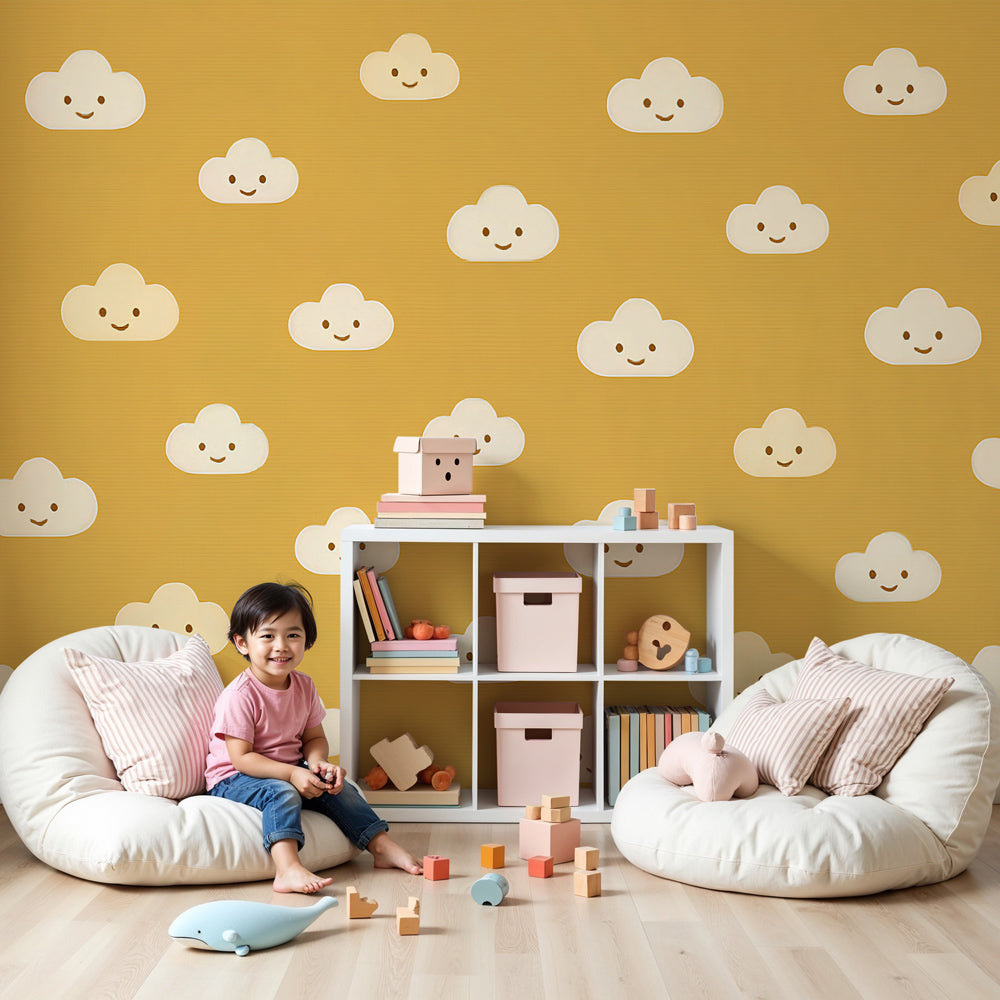 Smiling clouds mural wallpaper with golden background in modern nursery by Kids-Mundo