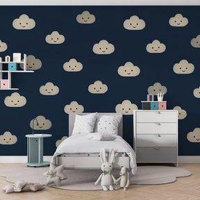 Navy blue smiling clouds wallpaper creating dreamy atmosphere in children's bedroom