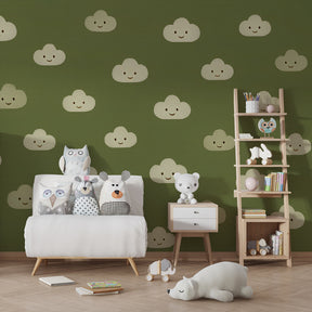 Happy clouds mural wallpaper for kids room with natural wood furniture and soft lighting