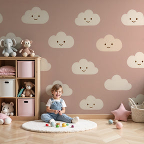 Pink smiling clouds mural wallpaper creating dreamy nursery atmosphere by Kids-Mundo