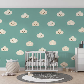 Cheerful clouds mural wallpaper bringing whimsical sky theme to children's playroom