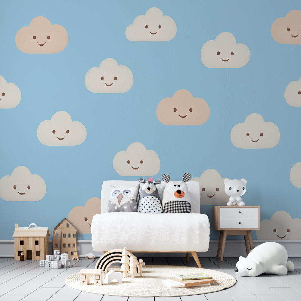 Whimsical cloud theme mural wallpaper transforming kids playroom into joyful sky sanctuary