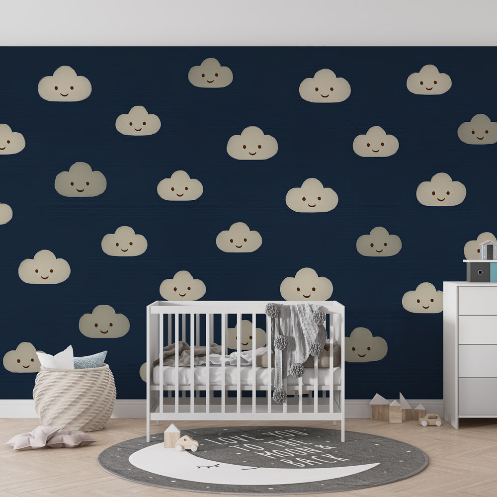 Cheerful clouds mural wallpaper with navy background in cozy toddler room setting