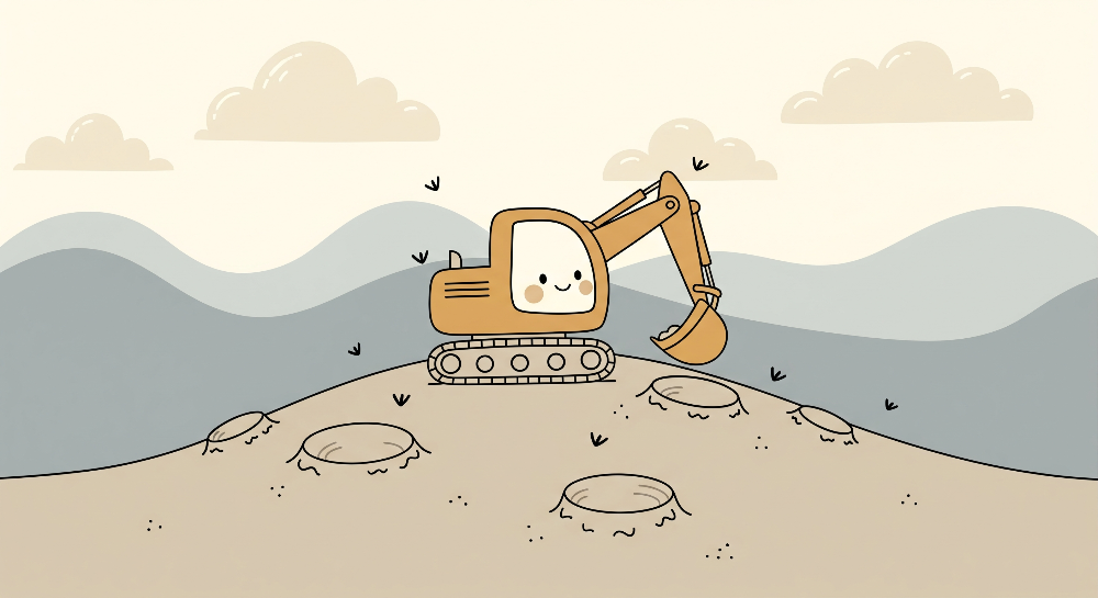 Kids-Mundo flat artwork of a smiling excavator digging on a hillside with clouds and birds.