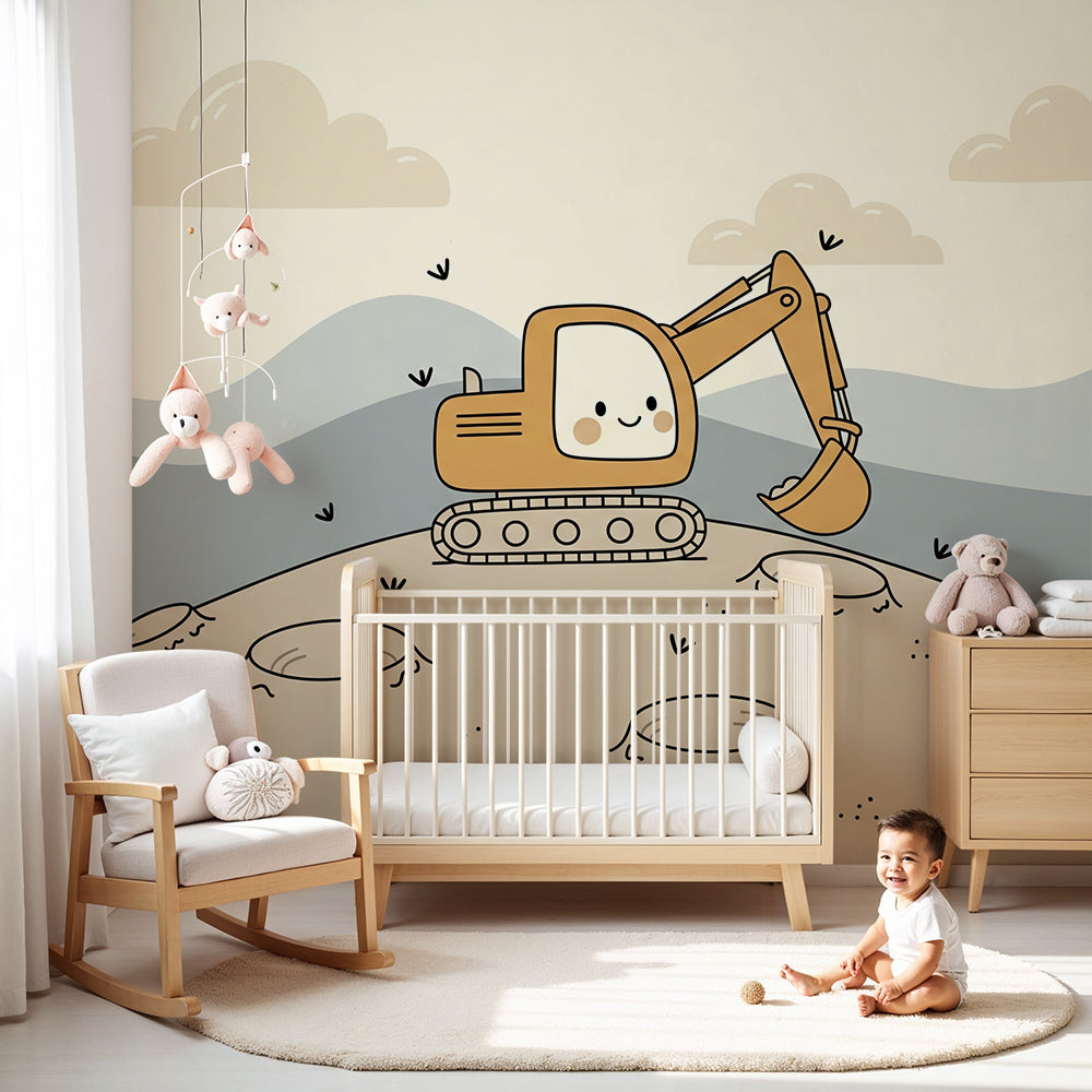 Kids-Mundo smiling digger wall mural on a nursery wall behind a cot and soft grey armchair.
