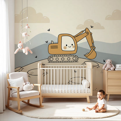 Kids-Mundo smiling digger wall mural on a nursery wall behind a cot and soft grey armchair.