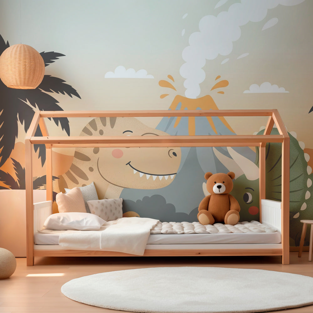Kids-Mundo friendly dinosaur wall mural behind a single bed in a warm-toned kids bedroom