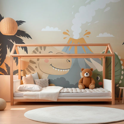 Kids-Mundo friendly dinosaur wall mural behind a single bed in a warm-toned kids bedroom