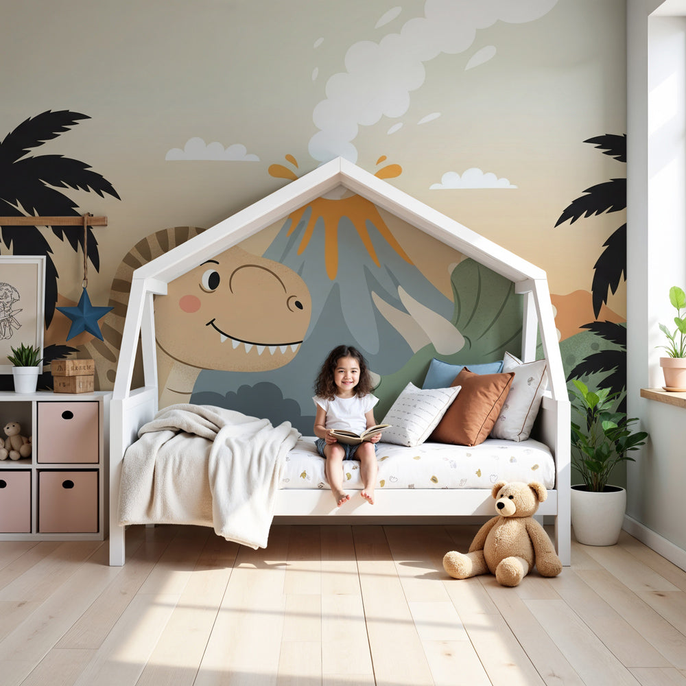 Kids-Mundo dinosaur volcano wall mural in a soft neutral nursery with cot and shelving