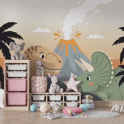 Kids-Mundo dinosaur and volcano mural covering a playroom wall with toy storage nearby