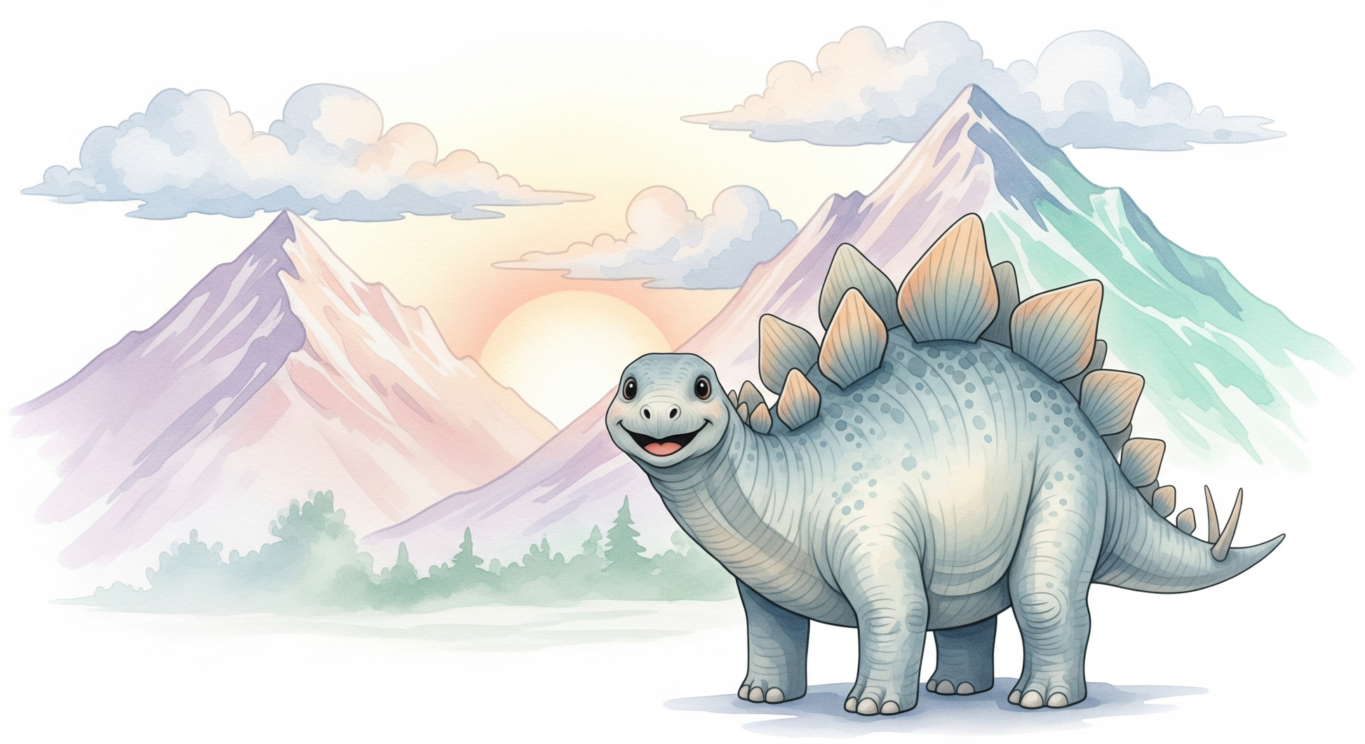 Kids-Mundo flat artwork of a smiling watercolour dinosaur among pastel mountains and clouds