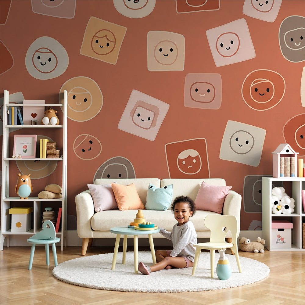 Kids-Mundo smiling faces wall mural styled in a warm terracotta nursery room