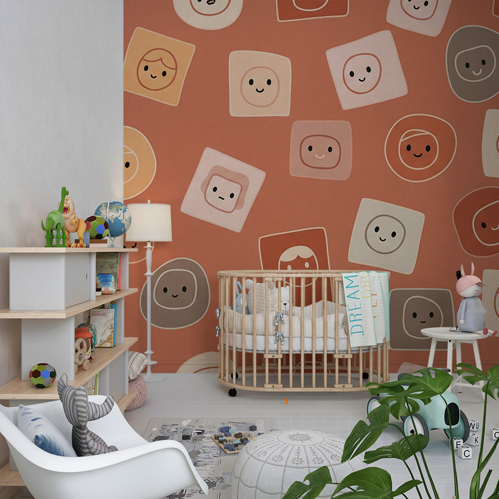 Kids-Mundo playful smiling faces wall mural brightening a kids' playroom