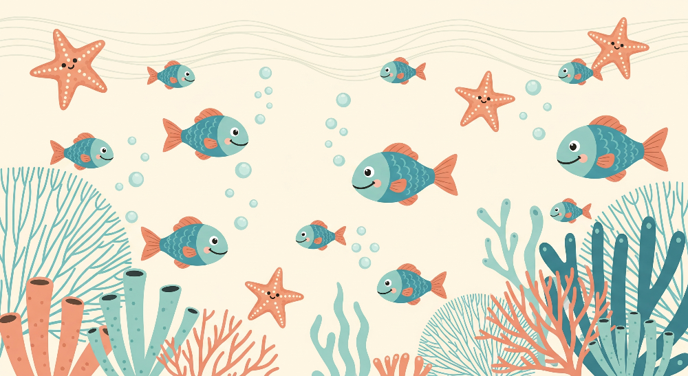 Kids-Mundo flat artwork of smiling fish, starfish and coral in teal and orange tones