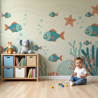 Kids-Mundo fish and coral wall mural behind a cot in a calm, ocean-themed nursery