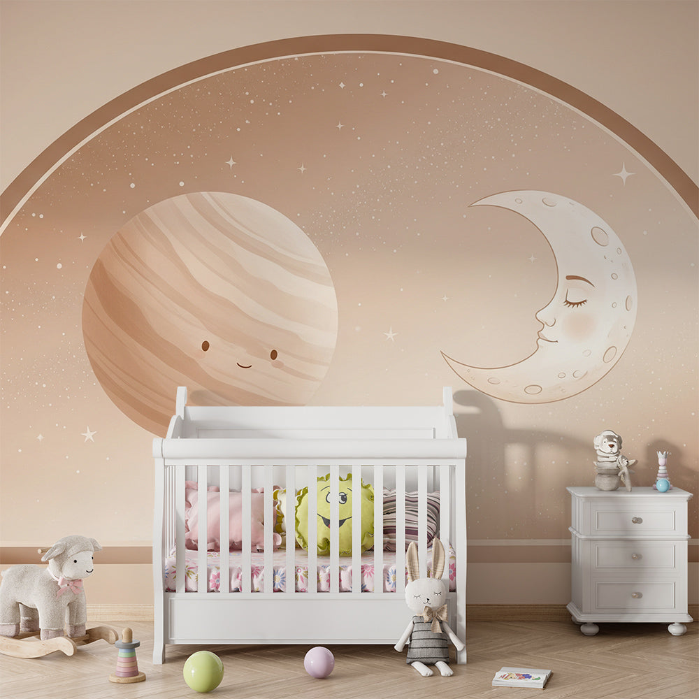 Kids-Mundo planet and moon wall mural styled in a cosy kids bedroom at bedtime
