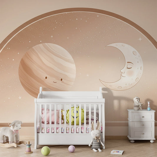 Kids-Mundo planet and moon wall mural styled in a cosy kids bedroom at bedtime