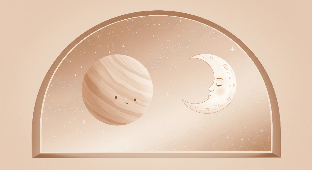 Kids-Mundo flat artwork preview of the smiling planet and sleepy moon wall mural design