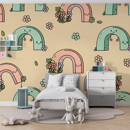 Kids-Mundo smiling rainbow wall mural brightening a soft, playful children's playroom