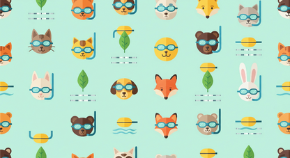 Kids-Mundo flat-artwork preview of the snorkelling animal pattern mural design in mint and coral.
