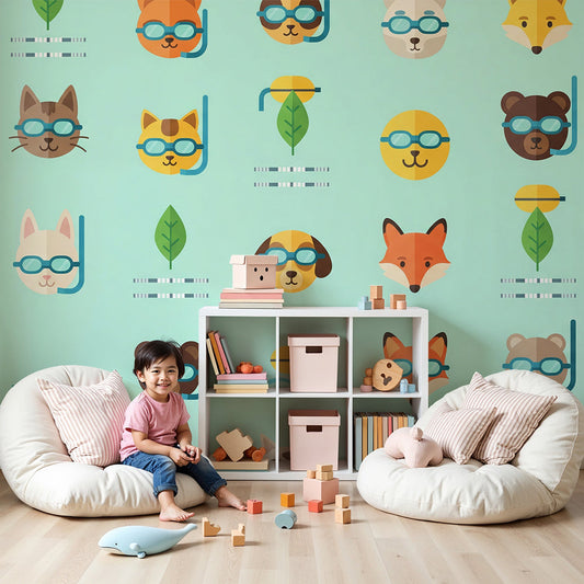 Kids-Mundo snorkelling animal pattern wall mural in a soft mint nursery with cot and shelving.