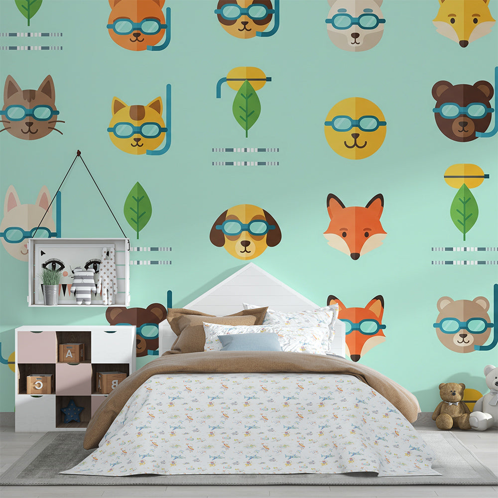 Kids-Mundo snorkelling animal wall mural covering a playroom wall beside toy storage and a rug.