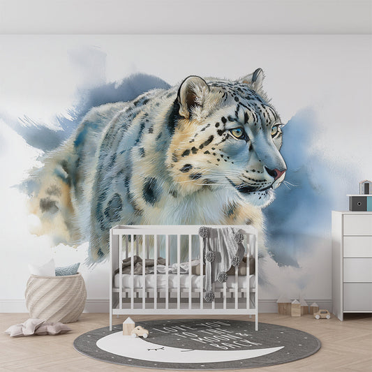Kids-Mundo snow leopard wall mural printed to measure and installed above a child's bed in a calm blue-grey bedroom.